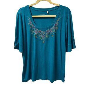 Port Authority Turquoise Embellished Scoop Neck Top With Rhinestone Sz L  shirt